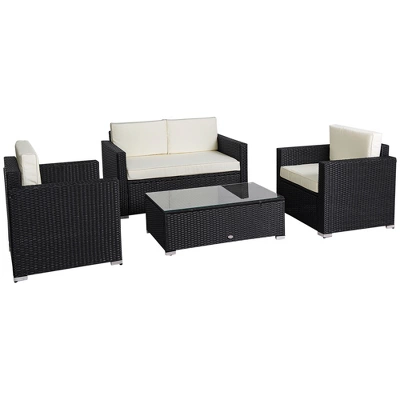 Outsunny 4-Piece Rattan Wicker Furniture Set, Outdoor Cushioned Conversation Furniture With 2 Chairs, Loveseat, And Glass Coffee Table 7 Outsunny 4-Piece Rattan Wicker Furniture Set, Outdoor Cushioned Conversation Furniture With 2 Chairs, Loveseat, And Glass Coffee Table - Image 7