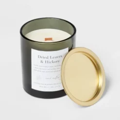 Clear Colored Glass With Woodwick And Brass Metal Inset Lid Dried Leaves + Hickory Candle Green - Threshold™ -Deals Patio Elegance Store GUEST 05b6d262 797f 4785 845b ae77677bb543