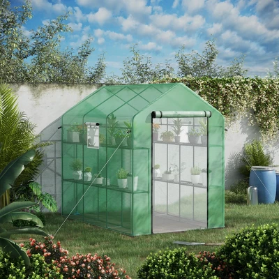 Outsunny 2-Tier Shelf Greenhouse With Door, Windows, PE Cover, Steel Frame For Outdoor Garden Plant & Plant Use, 84.25" X 56.25" X 76.75", Green 2 Outsunny 2-Tier Shelf Greenhouse With Door, Windows, PE Cover, Steel Frame For Outdoor Garden Plant & Plant Use, 84.25" X 56.25" X 76.75", Green - Image 2