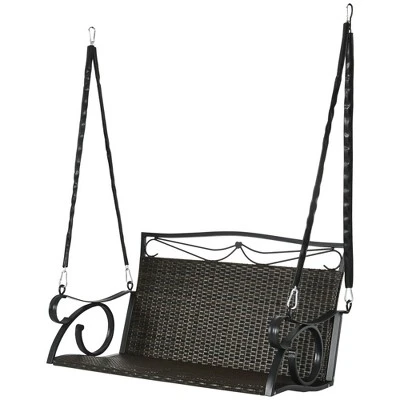 Outsunny PE Wicker Porch Swing, 2-Seater Hanging Swing Bench With Chains, 528 LBS Weight Capacity, Flourishes, Brown 3 Outsunny PE Wicker Porch Swing, 2-Seater Hanging Swing Bench With Chains, 528 LBS Weight Capacity, Flourishes, Brown - Image 3
