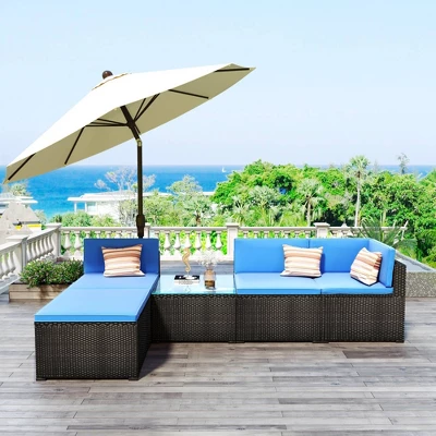 5pc Wicker Patio Sectional Seating Set With Cushions - Black/Blue - GODEER 2 5pc Wicker Patio Sectional Seating Set With Cushions - Black/Blue - GODEER - Image 2