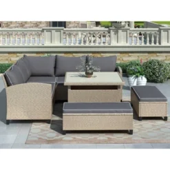 6pc Wicker Patio Set With Benches - Brown/Gray - GODEER -Deals Patio Elegance Store GUEST 0ba53fd8 efdd 4623 85f8 bac8a0441e8e