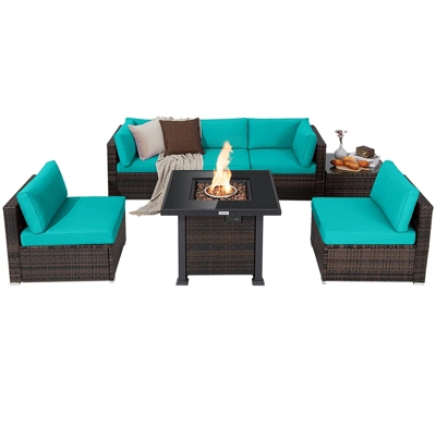 Tangkula Patio Rattan 7PCS Cushioned Chair Set Furniture Set Thick Cushion W/ 50,000 BTU Propane Fire Pit Table For Garden Black/Navy/Red/Turquoise/Off White 11 Tangkula Patio Rattan 7PCS Cushioned Chair Set Furniture Set Thick Cushion W/ 50,000 BTU Propane Fire Pit Table For Garden Black/Navy/Red/Turquoise/Off White - Image 11