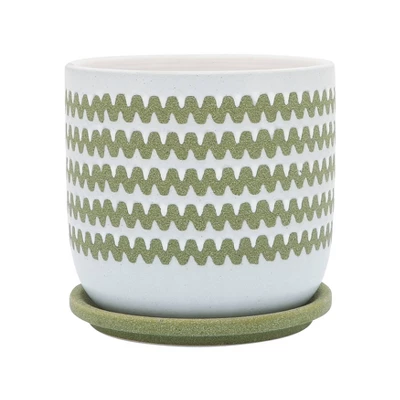 Sagebrook Home Zig-Zag Ceramic Planter With Saucer 2 Sagebrook Home Zig-Zag Ceramic Planter With Saucer - Image 2