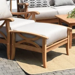 Abbington Teak Patio Ottoman With Cushion - Beige/Natural Teak - Cambridge Casual