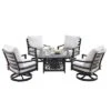 5pc Outdoor Dining Set With 42" Aluminum Square Damask Design Fire Table & Deep Seating Swivel Rocking Chairs - Oakland Living