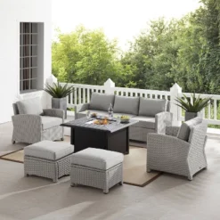 Bradenton 6pc Outdoor Wicker Sofa And Arm Chair Seating Set With Dante Fire Table And 2 Ottomans - Gray/Gray - Crosley