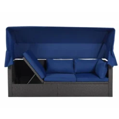 4pc Outdoor Wicker Rectangle Daybed With Canopy & Cushions - Blue - GODEER -Deals Patio Elegance Store GUEST 1600b702 0f46 4e93 842b eec9c1361a0e