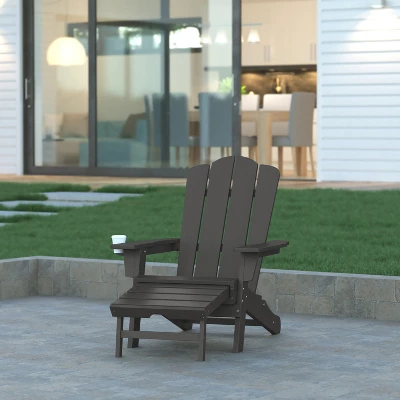 Emma And Oliver Adirondack Chair With Cup Holder And Pull Out Ottoman, All-Weather HDPE Indoor/Outdoor Lounge Chair 1 Emma And Oliver Adirondack Chair With Cup Holder And Pull Out Ottoman, All-Weather HDPE Indoor/Outdoor Lounge Chair