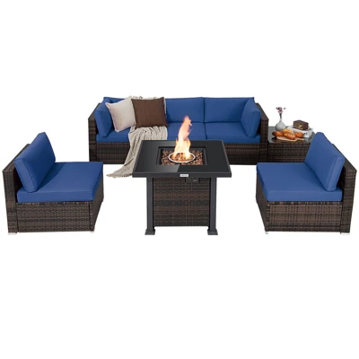 Tangkula Patio Rattan 7PCS Cushioned Chair Set Furniture Set Thick Cushion W/ 50,000 BTU Propane Fire Pit Table For Garden Black/Navy/Red/Turquoise/Off White 9 Tangkula Patio Rattan 7PCS Cushioned Chair Set Furniture Set Thick Cushion W/ 50,000 BTU Propane Fire Pit Table For Garden Black/Navy/Red/Turquoise/Off White - Image 9