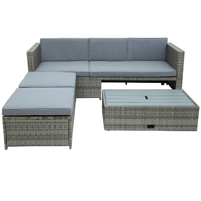 4pc Outdoor Wicker Conversation Sectional Set With Cushions - Gray - GODEER 9 4pc Outdoor Wicker Conversation Sectional Set With Cushions - Gray - GODEER - Image 9