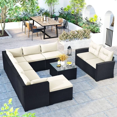 9pc Wicker Patio Sectional Seating Set With Cushions - Black/Beige - GODEER 1 9pc Wicker Patio Sectional Seating Set With Cushions - Black/Beige - GODEER