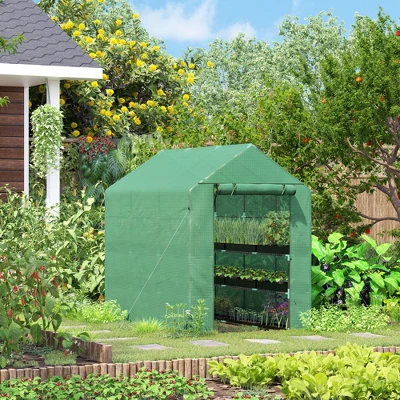 Outsunny 84.25" X 56.25" X 76.75" Walk-in Greenhouse, 3-Tier Shelves, Steel Frame Hot House, Roll-Up Zipper Door For Flowers, Vegetables, Green 1 Outsunny 84.25" X 56.25" X 76.75" Walk-in Greenhouse, 3-Tier Shelves, Steel Frame Hot House, Roll-Up Zipper Door For Flowers, Vegetables, Green