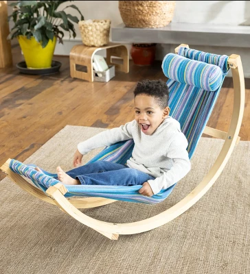 HearthSong - Kids Indoor Lightweight Wood And Blue Cotton Polyester Rocking Floor Hammock With Pillow, 50"L X 14"W 8 HearthSong - Kids Indoor Lightweight Wood And Blue Cotton Polyester Rocking Floor Hammock With Pillow, 50"L X 14"W - Image 8