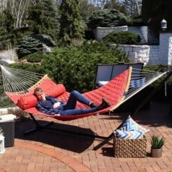 Sunnydaze Decor Sunnydaze Polyester Quilted Weave 2-Person Hammock With Curved Bamboo Spreader Bars - 450 Lb Weight Capacity - Salmon -Deals Patio Elegance Store GUEST 25494b2f e1b6 43a4 82ac 0ba8b52f0a19