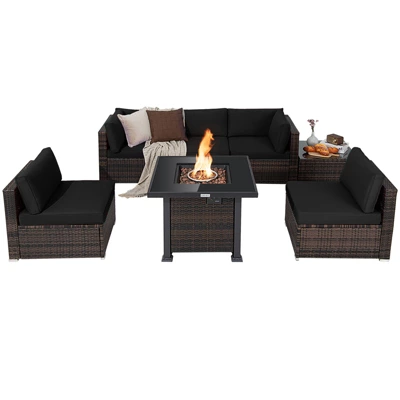 Tangkula Patio Rattan 7PCS Cushioned Chair Set Furniture Set Thick Cushion W/ 50,000 BTU Propane Fire Pit Table For Garden Black/Navy/Red/Turquoise/Off White 8 Tangkula Patio Rattan 7PCS Cushioned Chair Set Furniture Set Thick Cushion W/ 50,000 BTU Propane Fire Pit Table For Garden Black/Navy/Red/Turquoise/Off White - Image 8