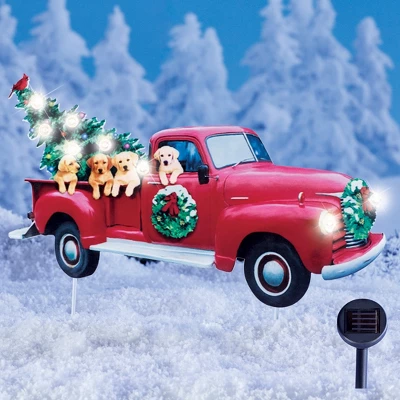 Collections Etc Solar Red Holiday Truck And Puppies Metal Yard Stake 1 Collections Etc Solar Red Holiday Truck And Puppies Metal Yard Stake