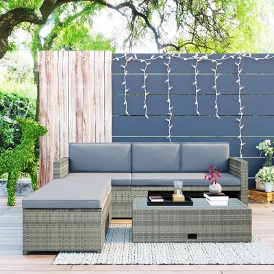 4pc Outdoor Wicker Conversation Sectional Set With Cushions - Gray - GODEER 1 4pc Outdoor Wicker Conversation Sectional Set With Cushions - Gray - GODEER