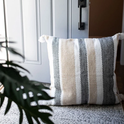 Tan & Black Tick Stripe 30X30 Oversized Filled Outdoor Pillow - Foreside Home & Garden 1 Tan & Black Tick Stripe 30X30 Oversized Filled Outdoor Pillow - Foreside Home & Garden