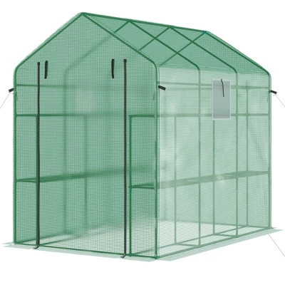 Outsunny 2-Tier Shelf Greenhouse With Door, Windows, PE Cover, Steel Frame For Outdoor Garden Plant & Plant Use, 84.25" X 56.25" X 76.75", Green 3 Outsunny 2-Tier Shelf Greenhouse With Door, Windows, PE Cover, Steel Frame For Outdoor Garden Plant & Plant Use, 84.25" X 56.25" X 76.75", Green - Image 3