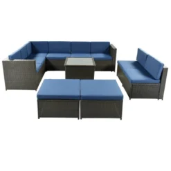 9pc Wicker Patio Sectional Seating Set With Cushions - Brown/Blue - GODEER -Deals Patio Elegance Store GUEST 2abaa251 9b47 4ec8 a888 2f79ce94fbfa