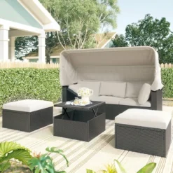 4pc Outdoor Wicker Rectangle Daybed With Canopy & Cushions - Beige - GODEER