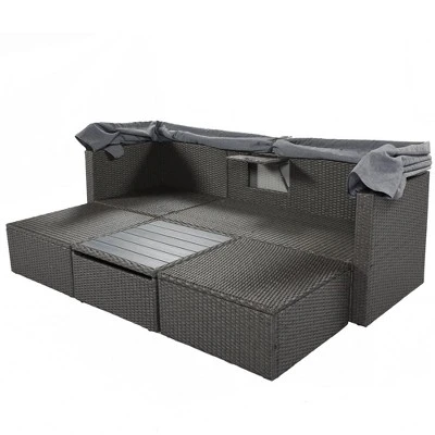 4pc Outdoor Wicker Rectangle Daybed With Canopy & Cushions - Gray - GODEER 8 4pc Outdoor Wicker Rectangle Daybed With Canopy & Cushions - Gray - GODEER - Image 8