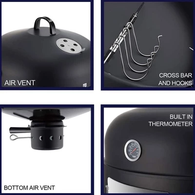 Realcool 20 Inch Vertical Heavy Duty Steel Round Charcoal Outdoor BBQ Smoker Grill With Bottom Air Vent And Latch Locking System, Black 2 Realcool 20 Inch Vertical Heavy Duty Steel Round Charcoal Outdoor BBQ Smoker Grill With Bottom Air Vent And Latch Locking System, Black - Image 2