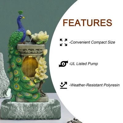 LuxenHome Resin Blue And Green Peacock Outdoor Fountain Garden Fountain With LED Light 7 LuxenHome Resin Blue And Green Peacock Outdoor Fountain Garden Fountain With LED Light - Image 7