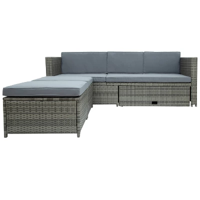 4pc Outdoor Wicker Conversation Sectional Set With Cushions - Gray - GODEER 11 4pc Outdoor Wicker Conversation Sectional Set With Cushions - Gray - GODEER - Image 11