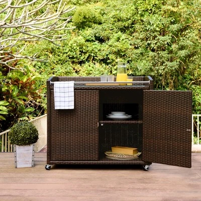 Teamson Home 39.5" Veronica Rolling Outdoor PE Rattan Bar Cart With Storage, Brown 2 Teamson Home 39.5" Veronica Rolling Outdoor PE Rattan Bar Cart With Storage, Brown - Image 2