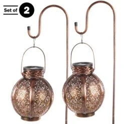 Set Of 2 Solar Outdoor Lights - Hanging Or Tabletop Rechargeable LED Lantern Set With 2 Shepherd Hooks For Outdoor Decor By Pure Garden (Bronze)