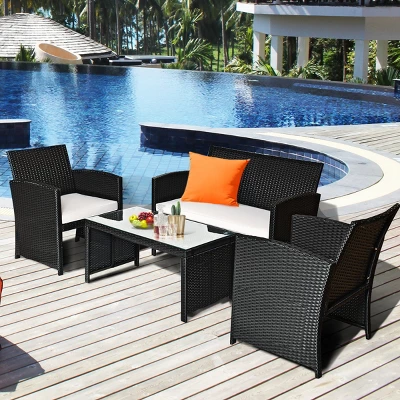 Costway 4PCS Patio Rattan Furniture Set Table &Sofa W/Cushion Garden Black 3 Costway 4PCS Patio Rattan Furniture Set Table &Sofa W/Cushion Garden Black - Image 3