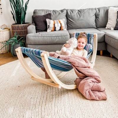 HearthSong - Kids Indoor Lightweight Wood And Blue Cotton Polyester Rocking Floor Hammock With Pillow, 50"L X 14"W 7 HearthSong - Kids Indoor Lightweight Wood And Blue Cotton Polyester Rocking Floor Hammock With Pillow, 50"L X 14"W - Image 7