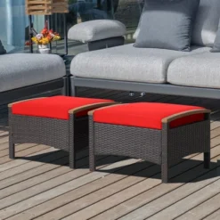 Costway Set Of 2 Patio Rattan Ottoman Footrest Cushions Wooden Handle Off WhiteBrownRedNavy -Deals Patio Elegance Store GUEST 43496f17 52a7 421f 91d9 a9703756bd1f