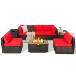 Costway 8PCS Patio Rattan Furniture Set Fire Pit Table Tank Holder Cover Deck Off White/Black/Navy/Red/Turquoise -Deals Patio Elegance Store GUEST 469d391d 0e8f 4abb 913f bdf05278ae6a
