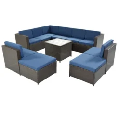 9pc Wicker Patio Sectional Seating Set With Cushions - Brown/Blue - GODEER -Deals Patio Elegance Store GUEST 4801d53e 9c34 47f1 964f 49790f2ac1b9