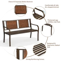 Costway Patio Garden Bench Steel Frame Rattan Backrest Park Yard Outdoor Porch Furniture -Deals Patio Elegance Store GUEST 4aa939de 2abe 4db9 9bb0 5be7bcb484e6