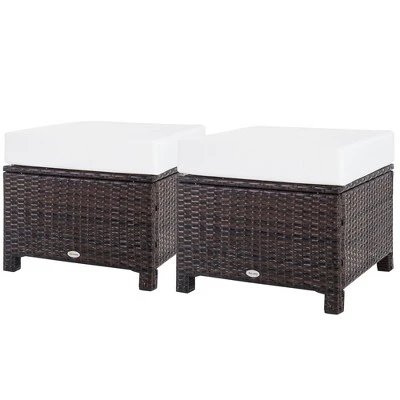 Outsunny 2 Pc 20" Outdoor PE Rattan Wicker Ottoman, Fade-Resistant Patio Footrest With Soft Cushion, Steel Frame, Dark Brown, White 3 Outsunny 2 Pc 20" Outdoor PE Rattan Wicker Ottoman, Fade-Resistant Patio Footrest With Soft Cushion, Steel Frame, Dark Brown, White - Image 3