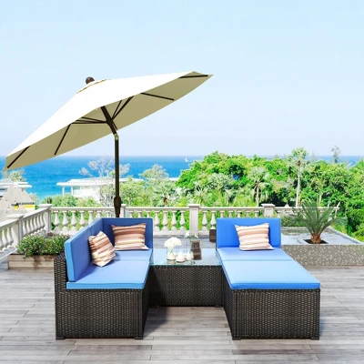 5pc Wicker Patio Sectional Seating Set With Cushions - Black/Blue - GODEER 3 5pc Wicker Patio Sectional Seating Set With Cushions - Black/Blue - GODEER - Image 3