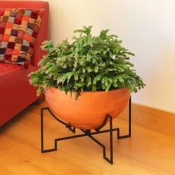 ACHLA Designs 15.25" X 20" Galvanized Steel Planter Bowl With Black Wrought Iron Plant Stand Burnt Sienna