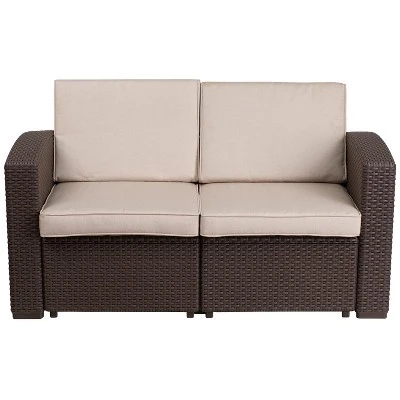 Merrick Lane Outdoor Furniture Resin Loveseat Chocolate Brown Faux Rattan Wicker Pattern 2-Seat Loveseat With All-Weather Beige Cushions 2 Merrick Lane Outdoor Furniture Resin Loveseat Chocolate Brown Faux Rattan Wicker Pattern 2-Seat Loveseat With All-Weather Beige Cushions - Image 2