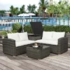 4pc Wicker Patio Conversation Set With Cushions - Gray/Beige - GODEER