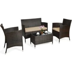 Costway 4PCS Rattan Patio Furniture Set Cushioned Sofa Chair Coffee Table Garden