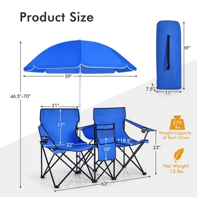 Costway Portable Folding Picnic Double Chair W/Umbrella Table Cooler Beach Camping Chair 1 Costway Portable Folding Picnic Double Chair W/Umbrella Table Cooler Beach Camping Chair