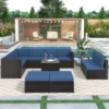 9pc Wicker Patio Sectional Seating Set With Cushions - Brown/Blue - GODEER
