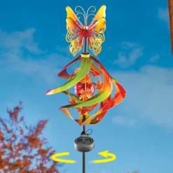 Collections Etc Solar Powered Golden Butterfly Wind Spinner Stake 8.5 X 8.5 X 42