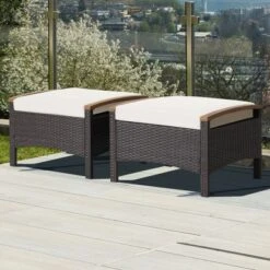Costway Set Of 2 Patio Rattan Ottoman Footrest Cushions Wooden Handle Off WhiteBrownRedNavy -Deals Patio Elegance Store GUEST 6319a75c 753b 4557 82f5 152b8f9aea64