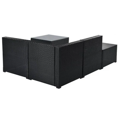 5pc Wicker Patio Sectional Seating Set With Cushions - Black/Blue - GODEER 5 5pc Wicker Patio Sectional Seating Set With Cushions - Black/Blue - GODEER - Image 5