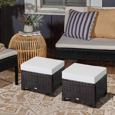 Outsunny 2 Pc 20" Outdoor PE Rattan Wicker Ottoman, Fade-Resistant Patio Footrest With Soft Cushion, Steel Frame, Dark Brown, White 1 Outsunny 2 Pc 20" Outdoor PE Rattan Wicker Ottoman, Fade-Resistant Patio Footrest With Soft Cushion, Steel Frame, Dark Brown, White